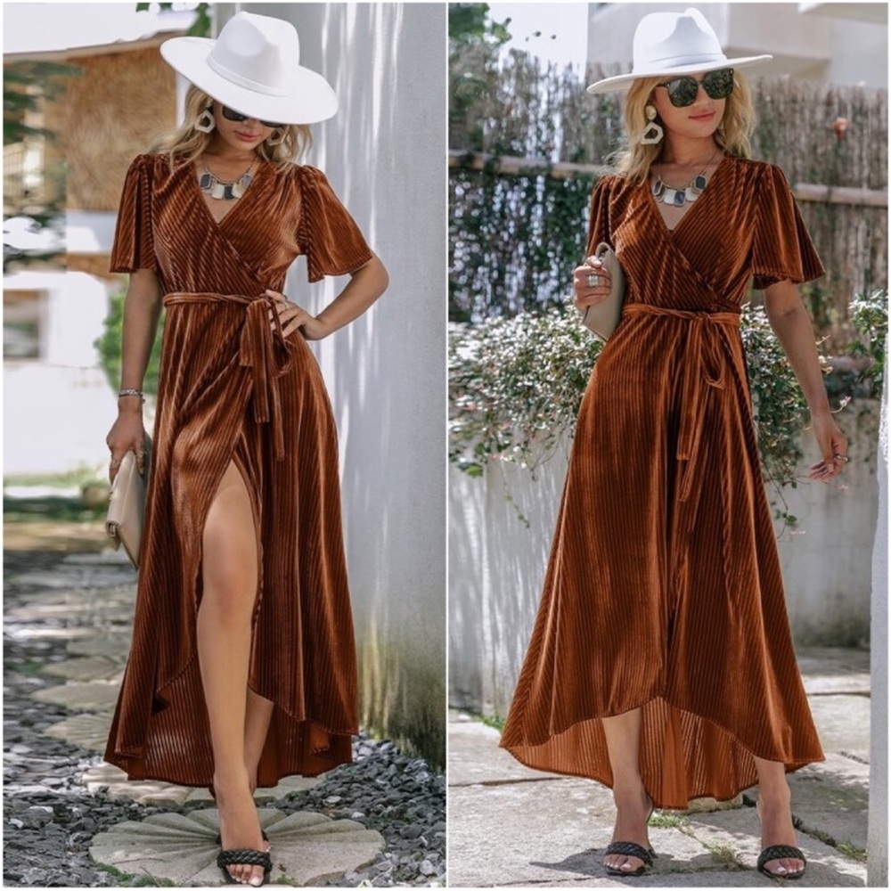 Luxe Rust Velvet Butterfly Sleeve High Low Belted Ribbed Maxi Dress XS S M L XL